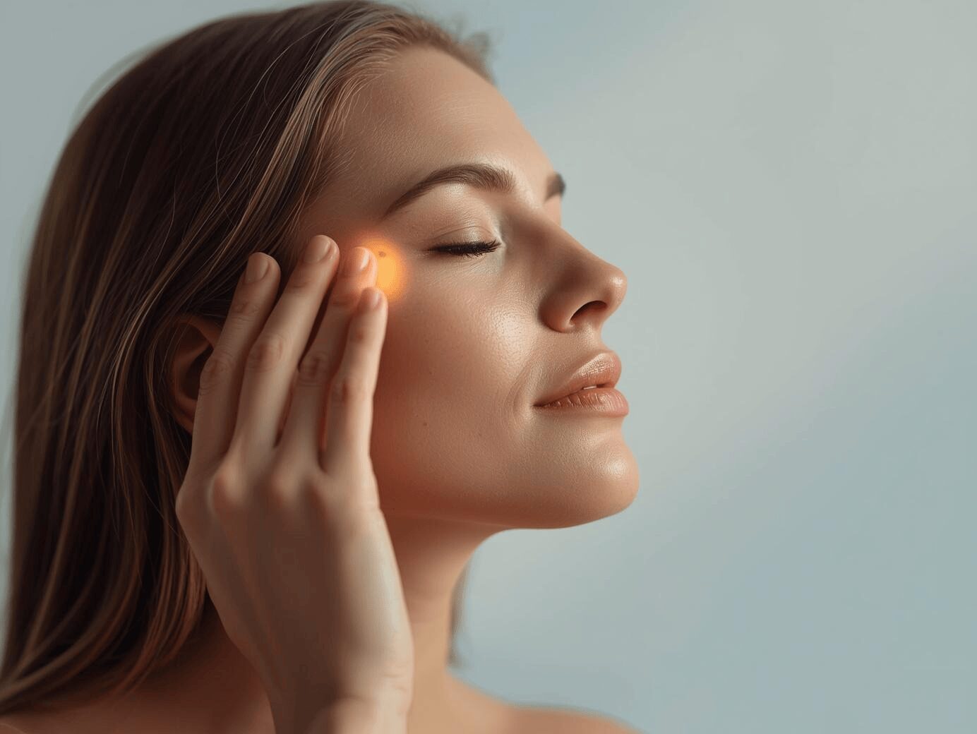 Femme pratiquant l’EFT en tapotant sur le point de la tempe pour libérer ses émotions et retrouver un équilibre émotionnel