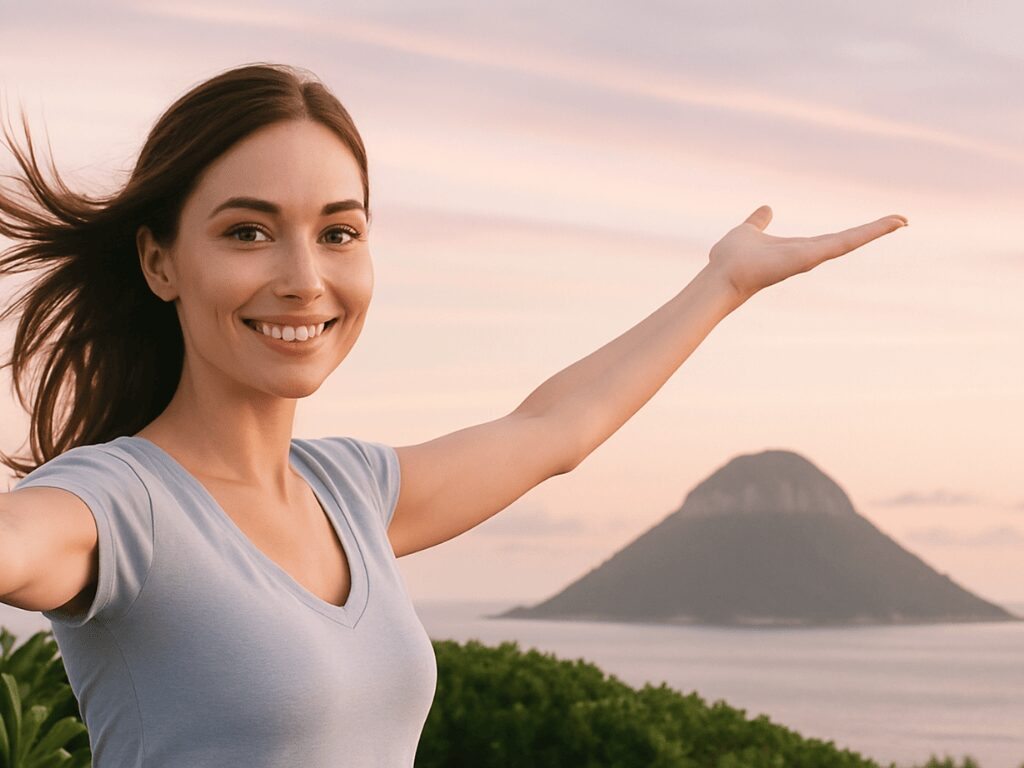 Femme souriante les bras ouverts face à l'océan au coucher du soleil, illustrant la liberté émotionnelle grâce à l'EFT