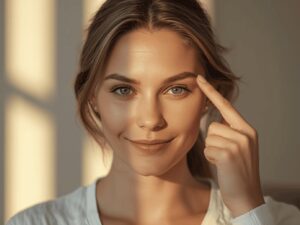 Femme pratiquant l’EFT en stimulant un point énergétique du visage dans une ambiance bleu gris et dorée illustrant les neurosciences, le cerveau émotionnel et la régulation du stress.
