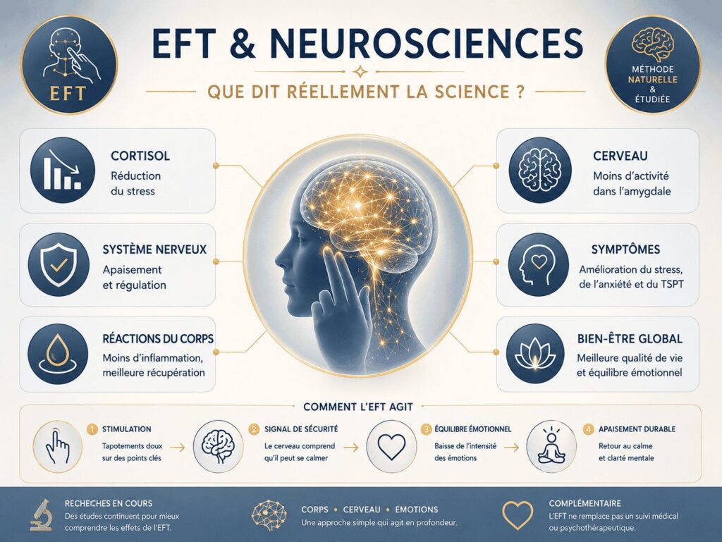 Infographie sur l’EFT et les neurosciences montrant les effets du tapping sur le cerveau, le cortisol, le stress et la régulation émotionnelle.