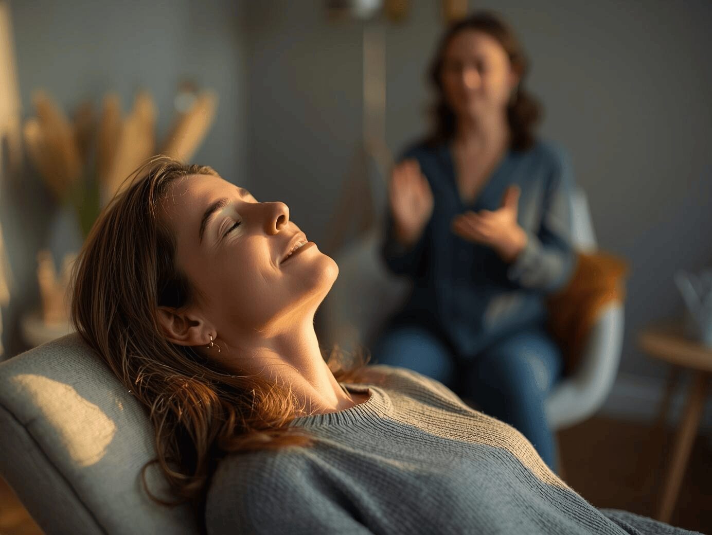 Séance d’hypnose ericksonienne avec une praticienne guidant une cliente en état modifié de conscience, relaxation profonde et accompagnement thérapeutique