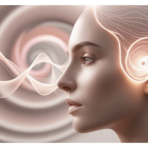 Visage féminin en profil avec ondes lumineuses symbolisant l’hypnose et la connexion au subconscient – Illustration de la formation en ligne certifiante de Technicien en Hypnose Ericksonienne pour apprendre les bases de l’hypnose thérapeutique.