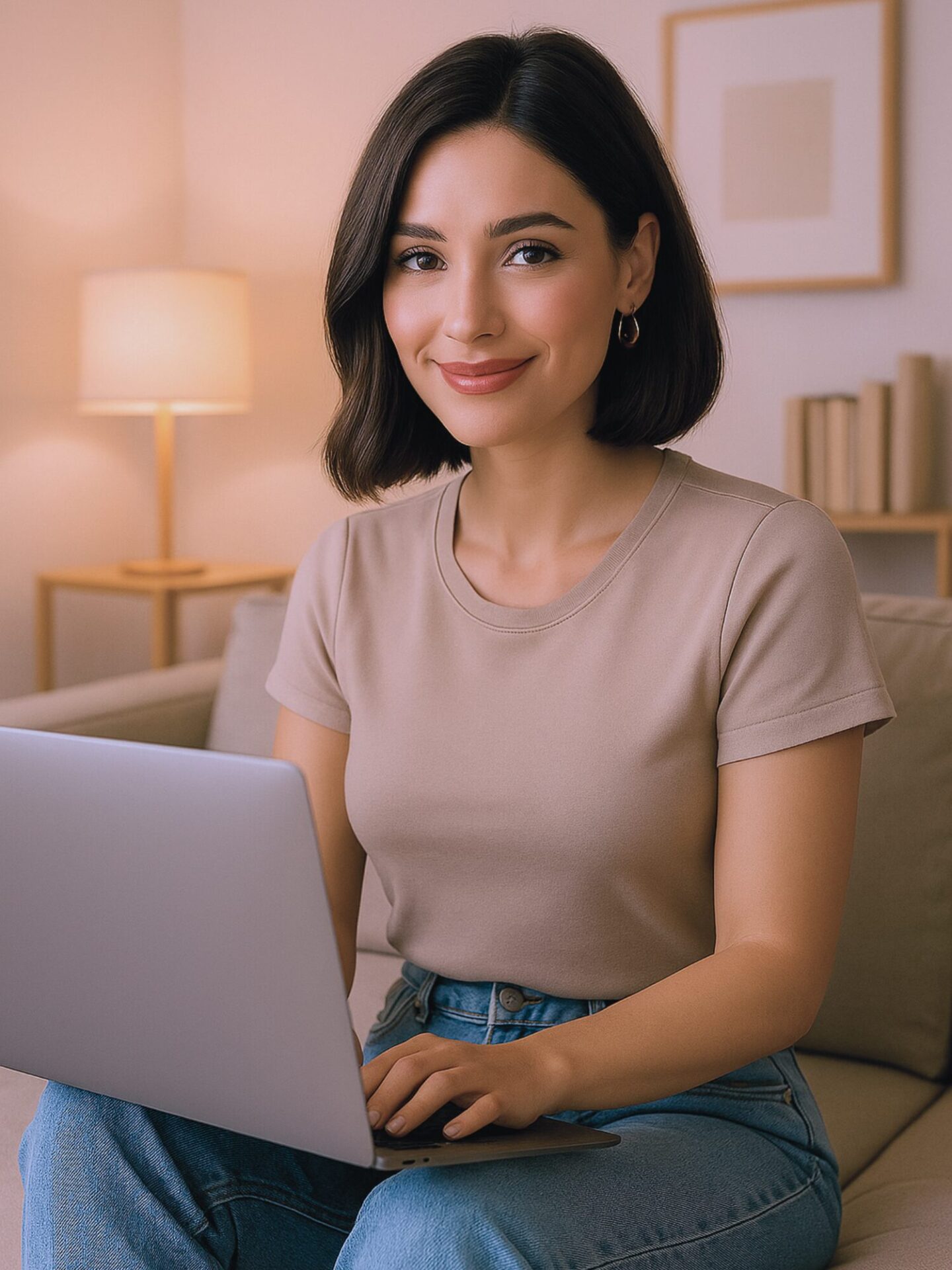 Femme souriante devant son ordinateur portable, en train de suivre une formation en hypnose et EFT en ligne avec Well Planify.