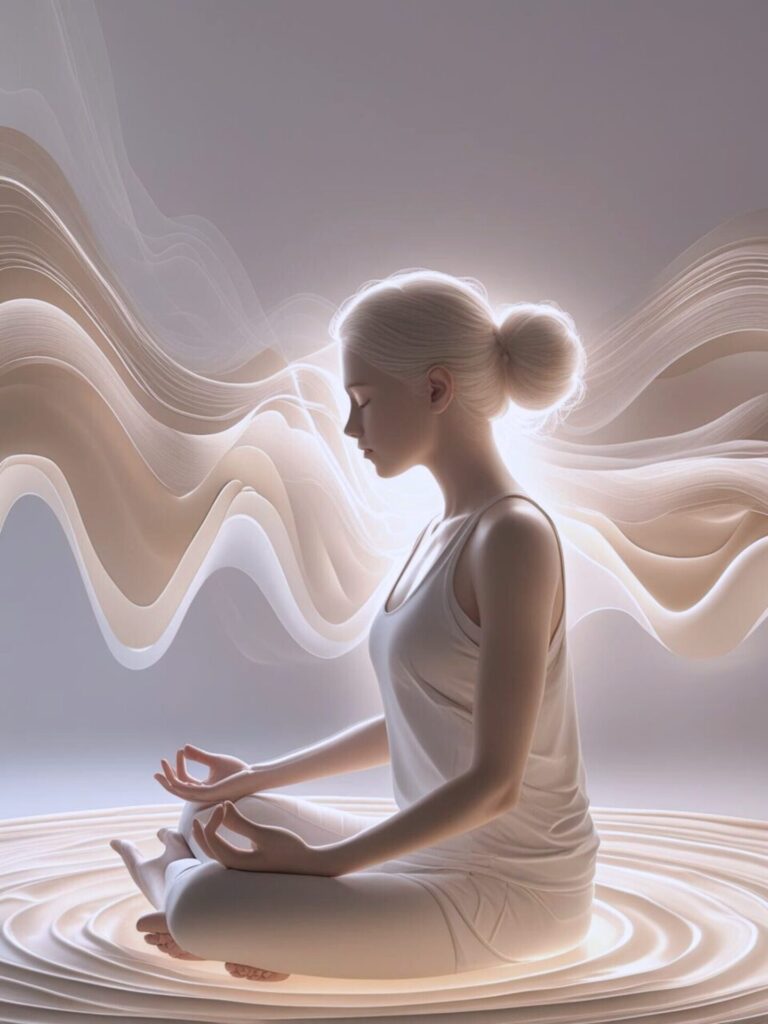 Formation certifiante en hypnose et EFT en ligne, illustrée par une silhouette apaisée entourée d’ondes lumineuses dorées et blanches, symbolisant le bien-être et l’évolution personnelle.