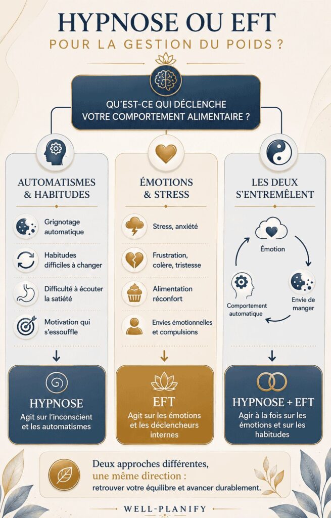 Schéma comparatif hypnose ou EFT pour la gestion du poids selon les habitudes alimentaires, le stress et les émotions