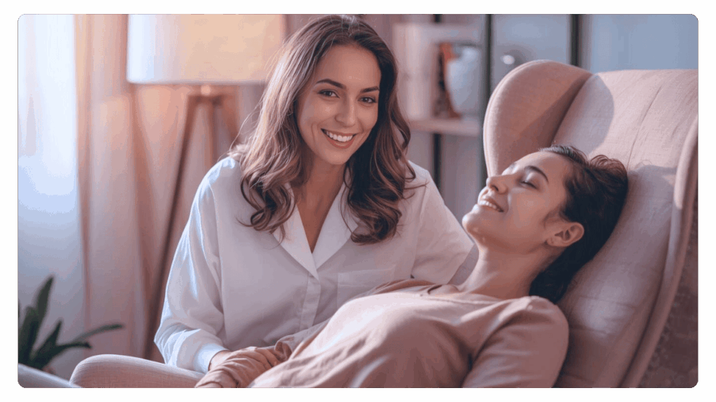 Femme praticienne guidant une séance d’hypnose Ericksonienne – formation praticien en hypnose ericksonienne