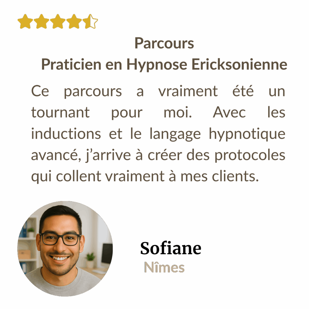 Témoignage de Sofiane, élève Well-Planify à Nîmes. Après le parcours Praticien en Hypnose Ericksonienne, il explique que les inductions et le langage hypnotique avancé lui permettent de créer des protocoles vraiment adaptés à ses clients.