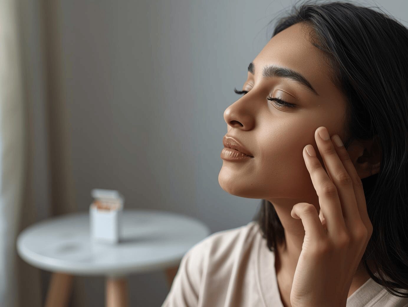 ET et sevrage tabagique : Femme pratiquant EFT en tapotant le point sous l’œil pour arrêter de fumer naturellement et réduire le stress