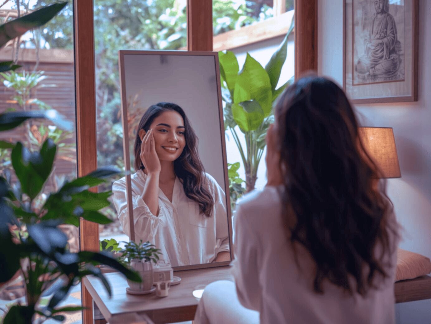 Femme qui pratique l’EFT et le tapping devant un miroir pour renforcer son estime de soi et sa confiance en elle.