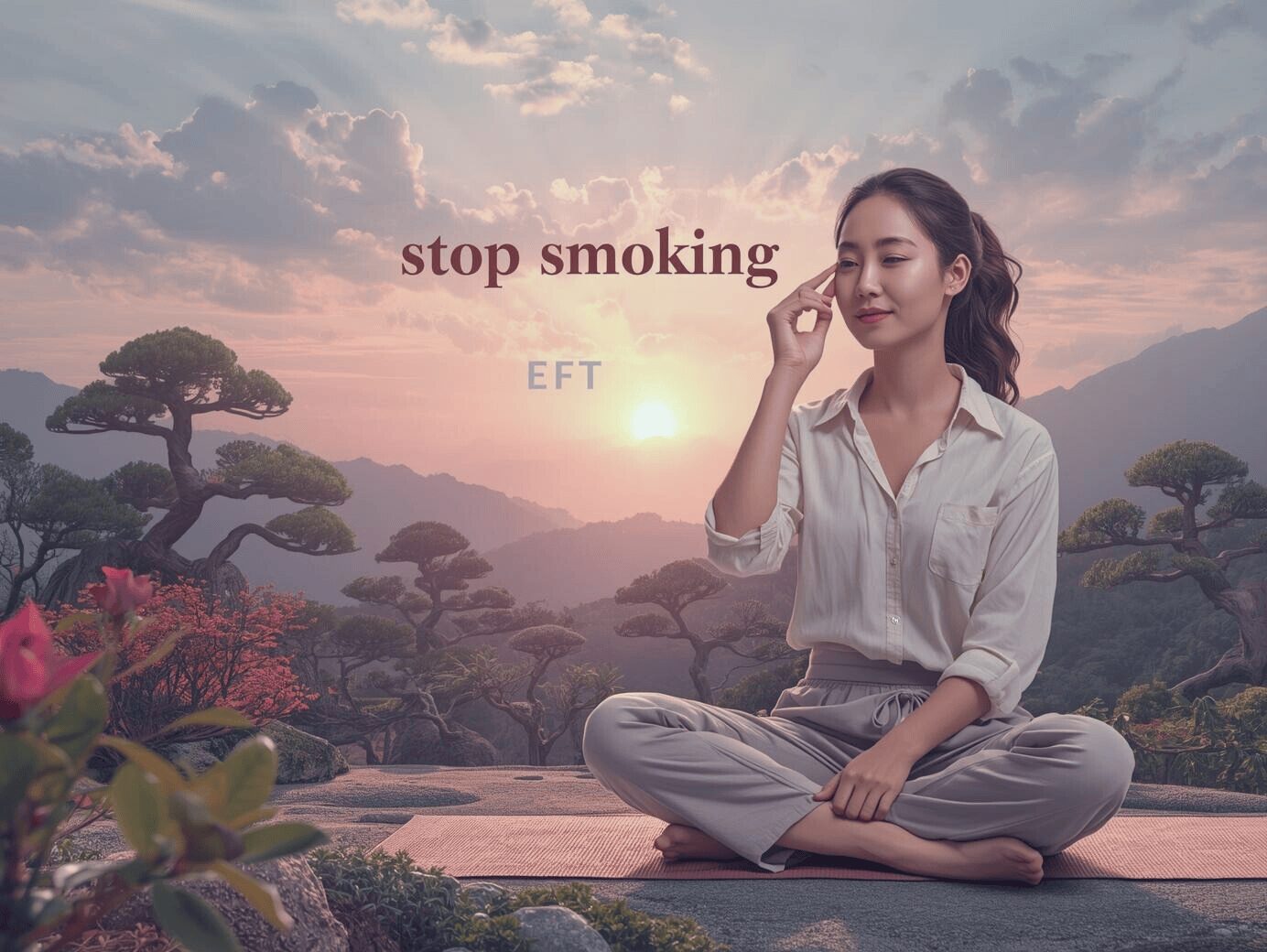Femme pratiquant l’EFT assise en tailleur dans un jardin zen, symbole de sérénité et de sevrage tabagique naturel
