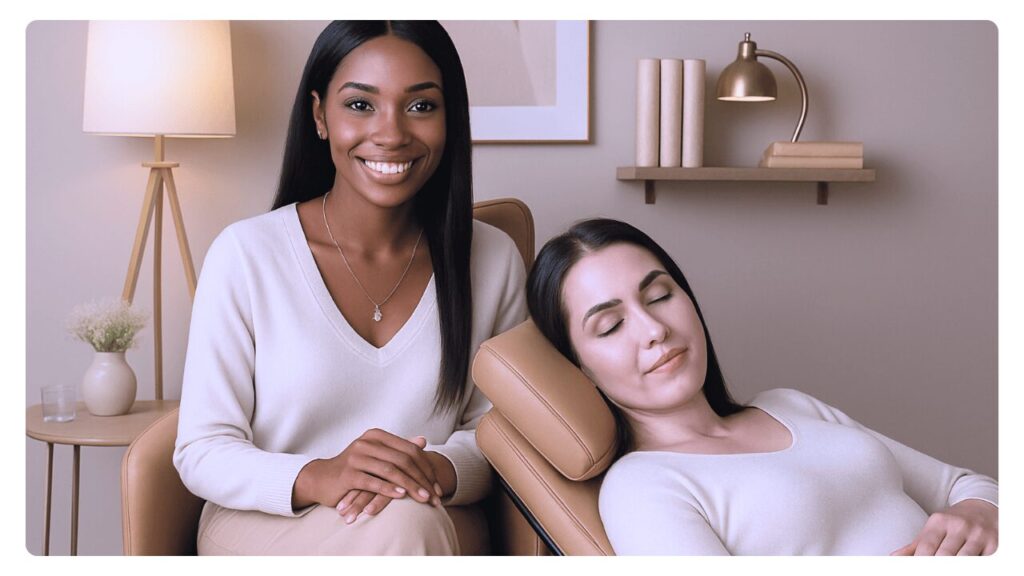 Thérapeute en hypnose Ericksonienne guidant une cliente détendue lors d’une séance, illustrant la formation en ligne certifiante Maître Praticien proposée par Well Planify.