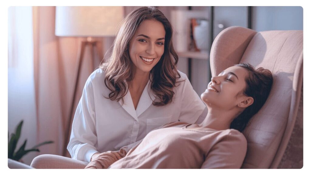 Praticienne en hypnose accompagnant une cliente en état de relaxation profonde, illustrant la formation Praticien en Hypnose Ericksonienne – Techniques Avancées.
