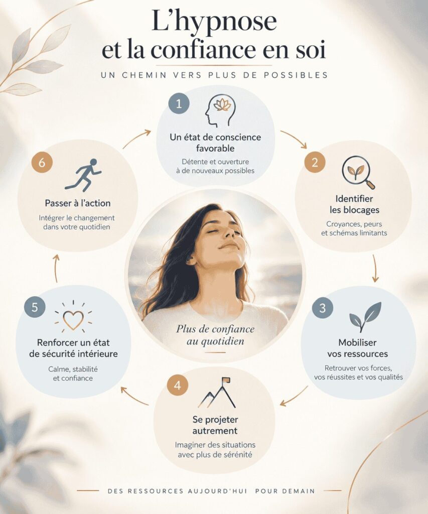Schéma expliquant comment l’hypnose Ericksonienne peut aider à renforcer la confiance en soi en mobilisant les ressources et en travaillant sur les blocages.