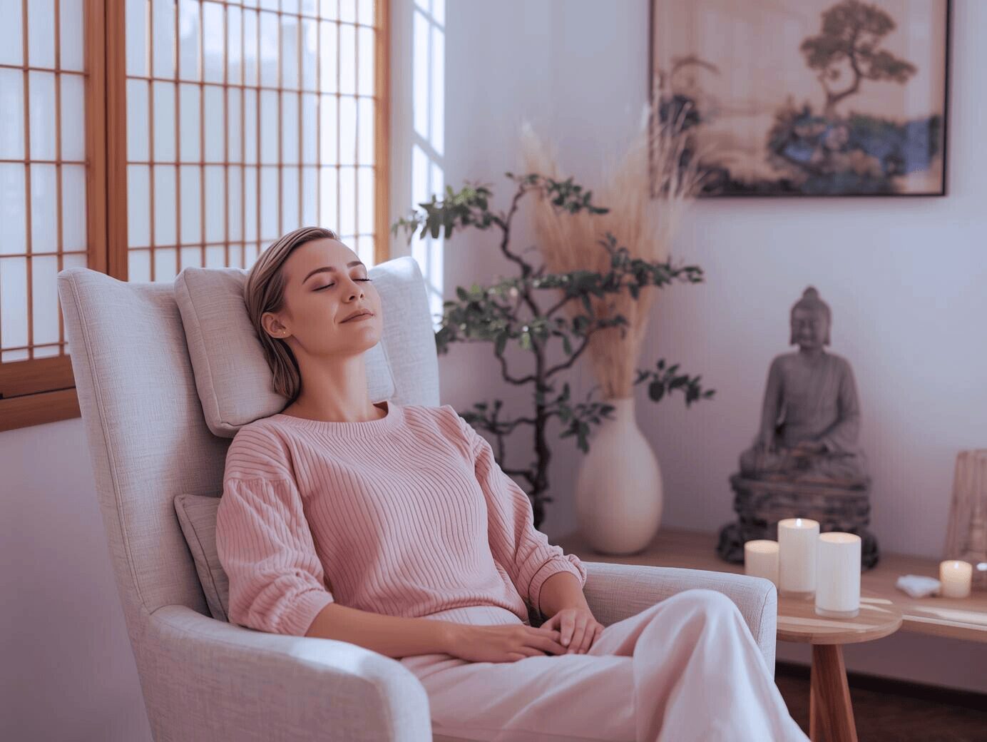 Femme détendue en séance d’hypnose, assise dans un fauteuil, représentant le renforcement de la confiance en soi et du bien-être émotionnel.