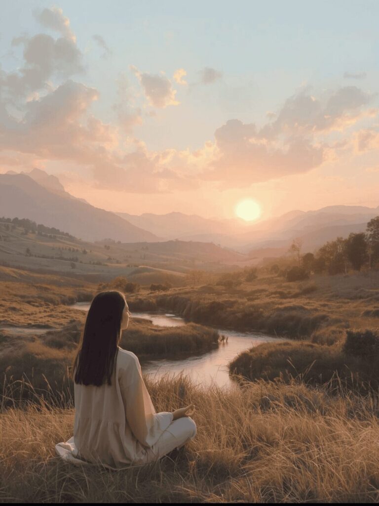 Femme méditant face au coucher de soleil dans un paysage naturel, symbolisant l’éveil intérieur et le bien-être proposé par Well-Planify.