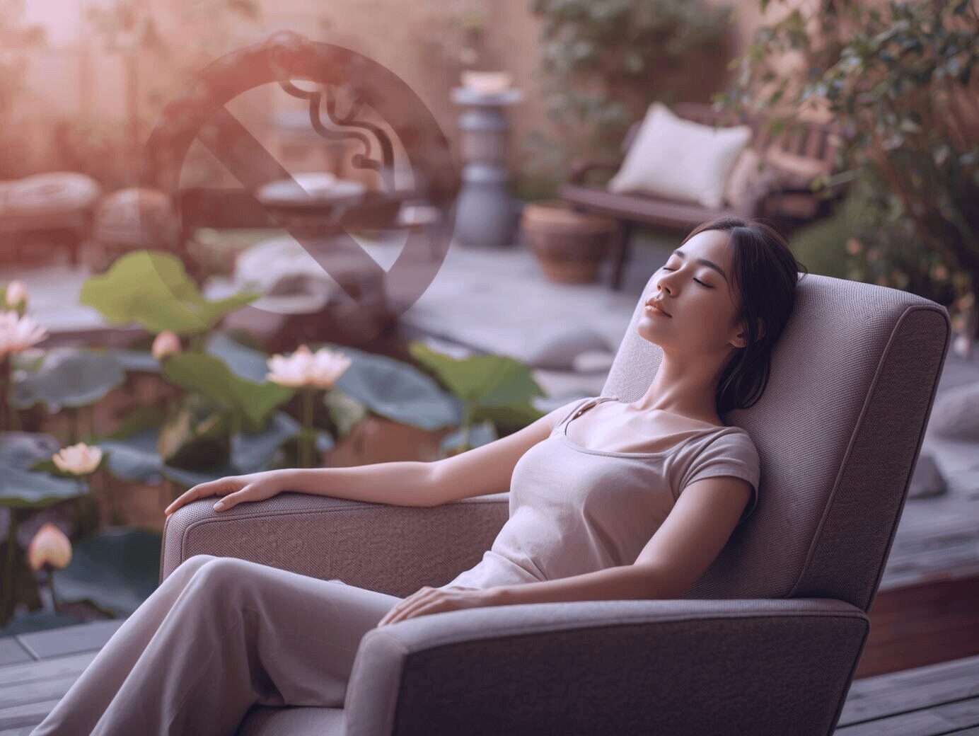 Femme en séance d’hypnose relaxante dans un cadre naturel, symbole d’interdiction de fumer en arrière-plan – méthode douce pour arrêter de fumer avec Well-Planify.