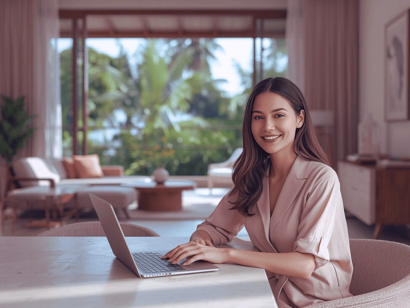 Jeune femme souriante travaillant sur son ordinateur portable, suivant une formation en ligne d’hypnose et EFT avec Well-Planify.