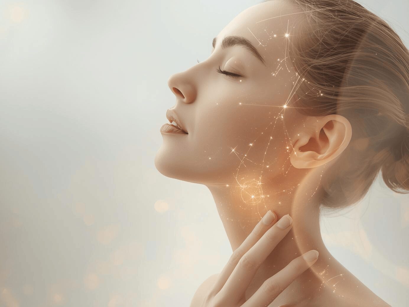 Femme apaisée les yeux fermés posant la main sur le cœur avec des méridiens d’acupuncture lumineux illustrant la libération émotionnelle grâce à l’EFT