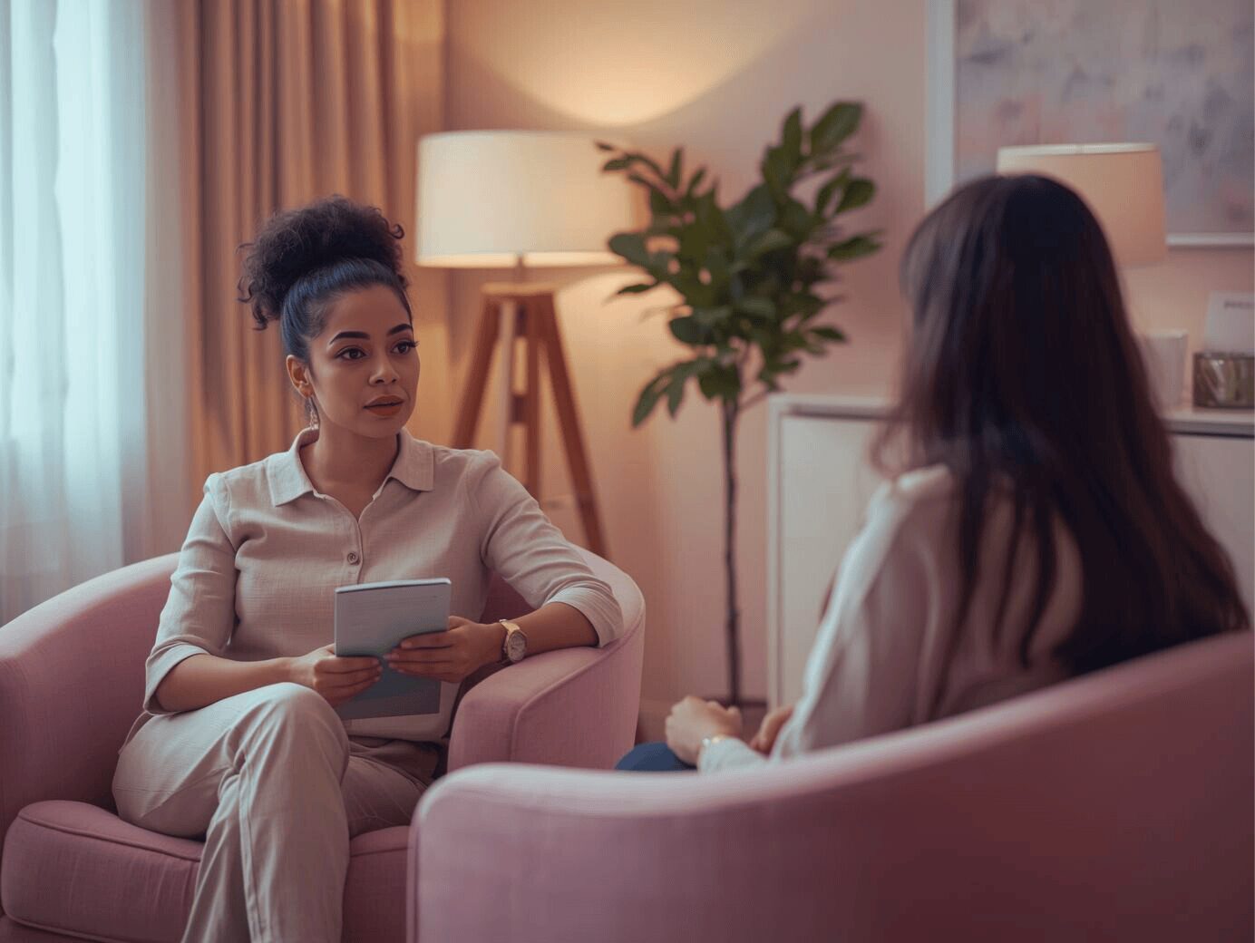 Entretien thérapeutique entre une praticienne et sa cliente dans un cabinet chaleureux aux tons beige rosé, illustrant l’accompagnement des traumatismes avec l’EFT.