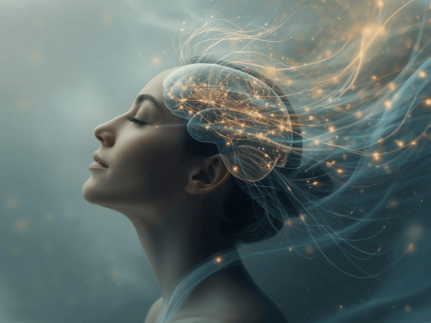 Femme en état hypnotique avec cerveau lumineux et flux symbolisant l’exploration du passé en hypnose de régression