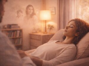 Séance d’hypnose de régression dans un cabinet chaleureux, femme en état hypnotique évoquant l’exploration des souvenirs et de la mémoire inconsciente.