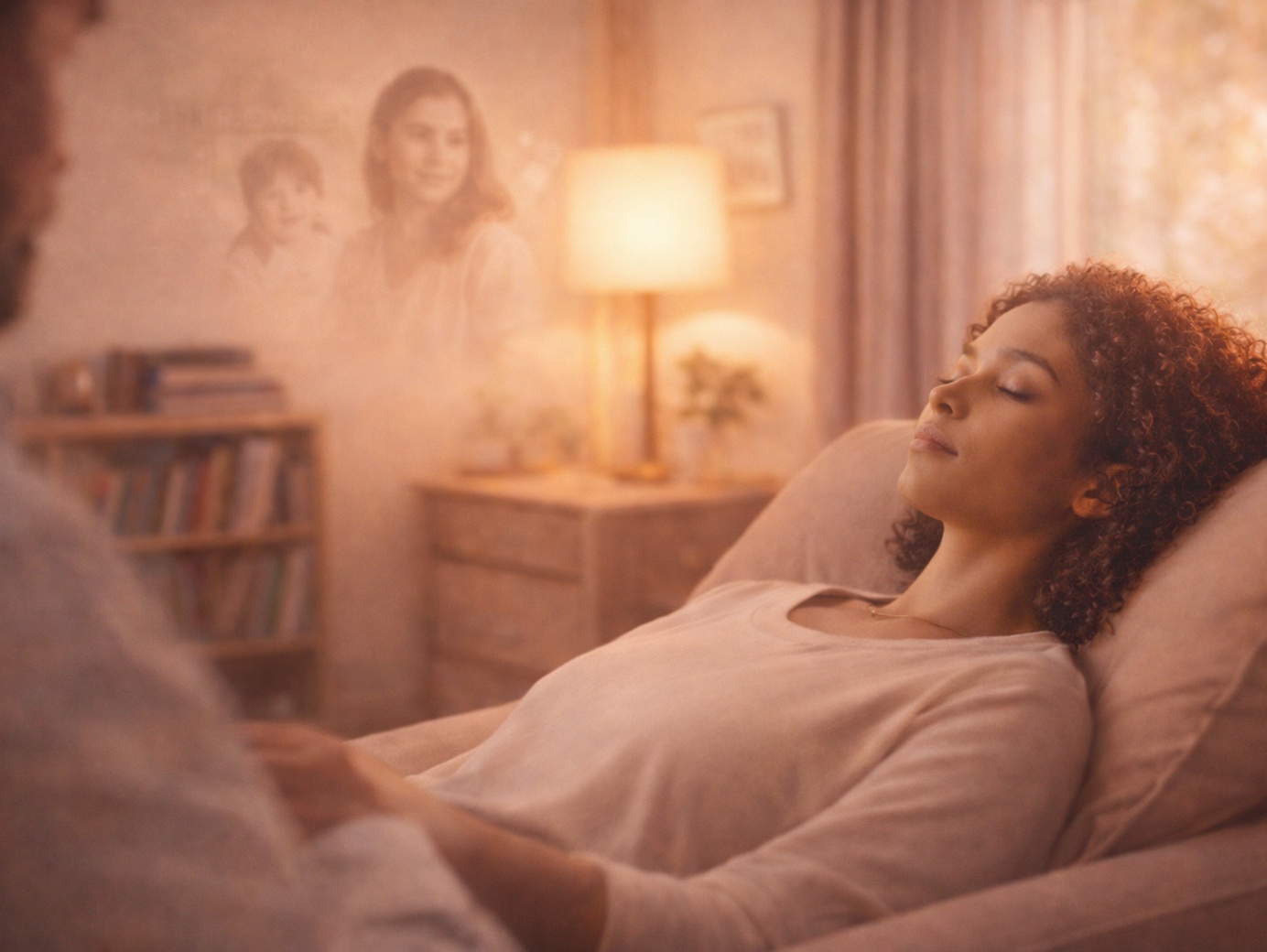 Séance d’hypnose de régression dans un cabinet chaleureux, femme en état hypnotique évoquant l’exploration des souvenirs et de la mémoire inconsciente.