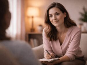 Praticienne en hypnose en entretien thérapeutique, posture d’écoute attentive dans un cabinet chaleureux.