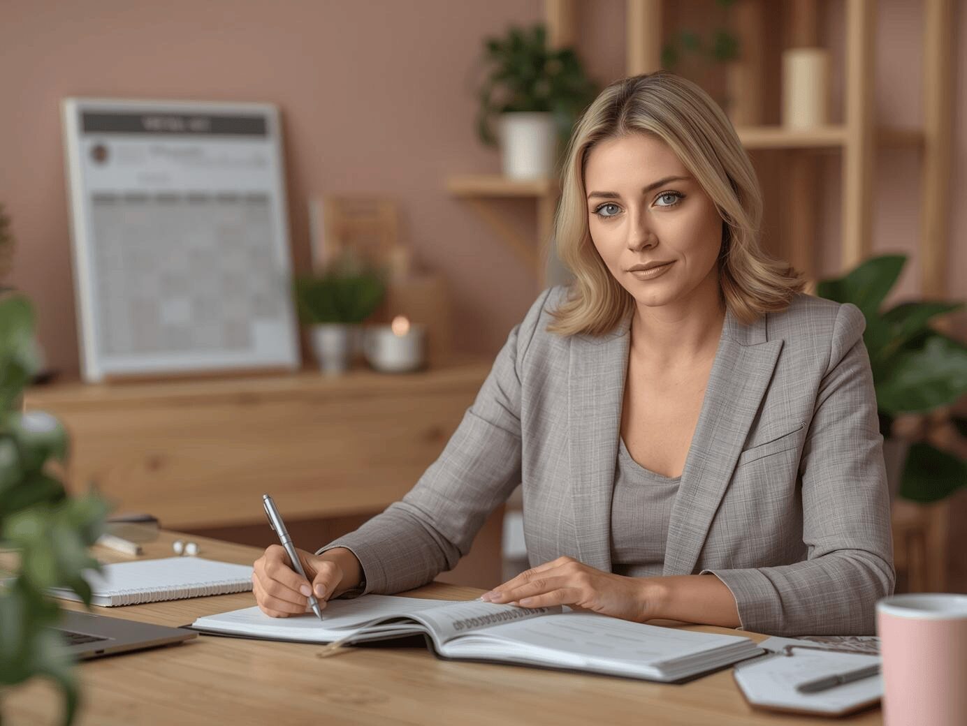 Praticienne EFT écrivant dans un carnet de rendez-vous dans un cabinet chaleureux aux tons beige rosé, ambiance professionnelle et organisée.