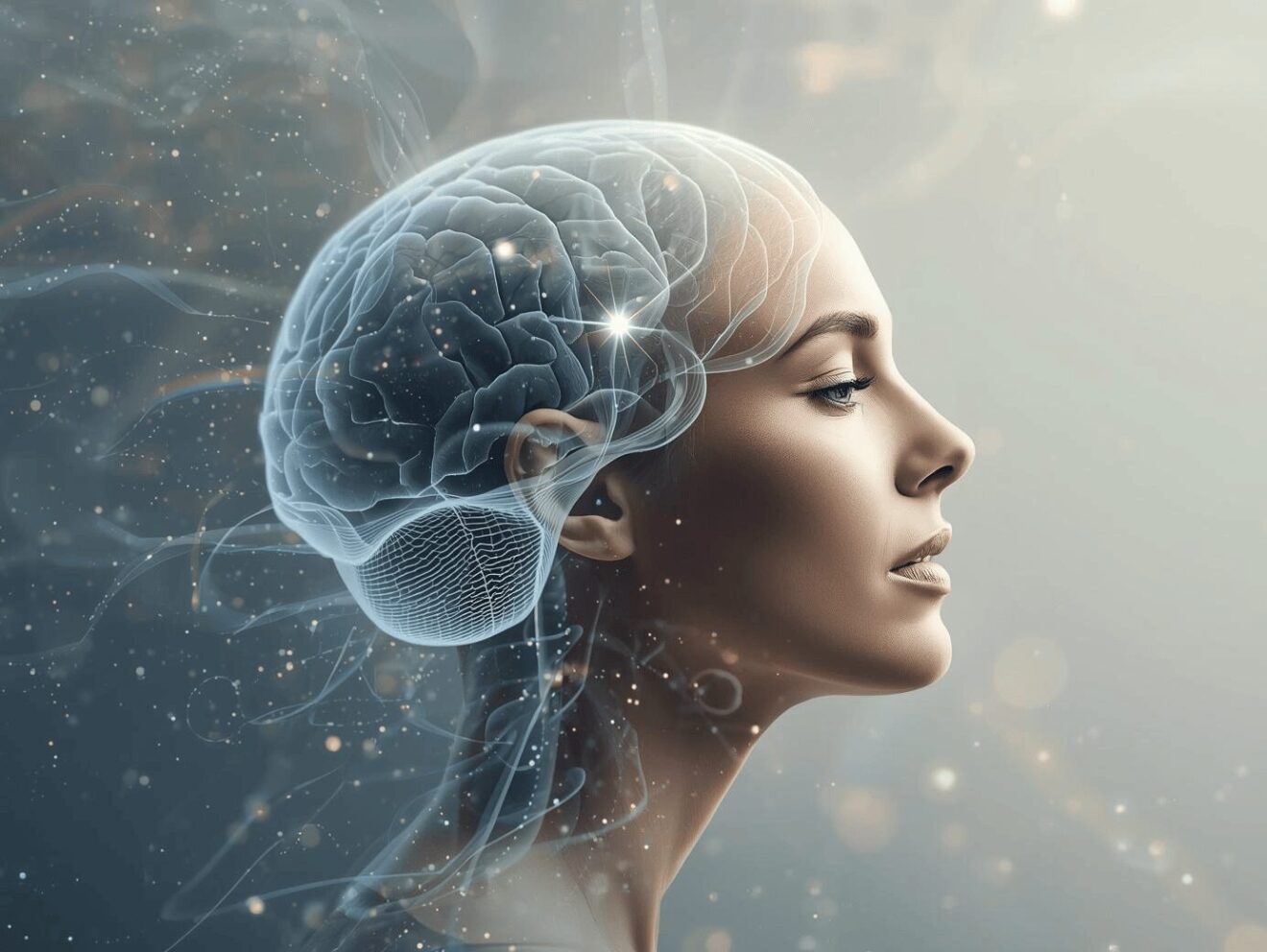 Femme de profil avec cerveau lumineux illustrant l’apprentissage de l’hypnose ericksonienne et les mécanismes de l’inconscient