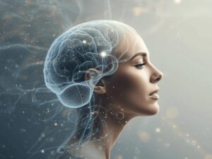 Femme de profil avec cerveau lumineux illustrant l’apprentissage de l’hypnose ericksonienne et les mécanismes de l’inconscient