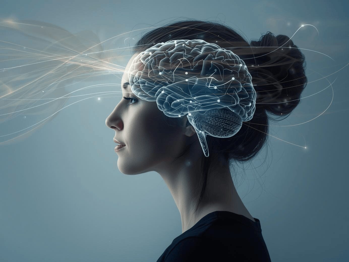 Femme de profil avec cerveau lumineux et connexions neuronales illustrant l’apprentissage de l’hypnose ericksonienne pour devenir hypnothérapeute