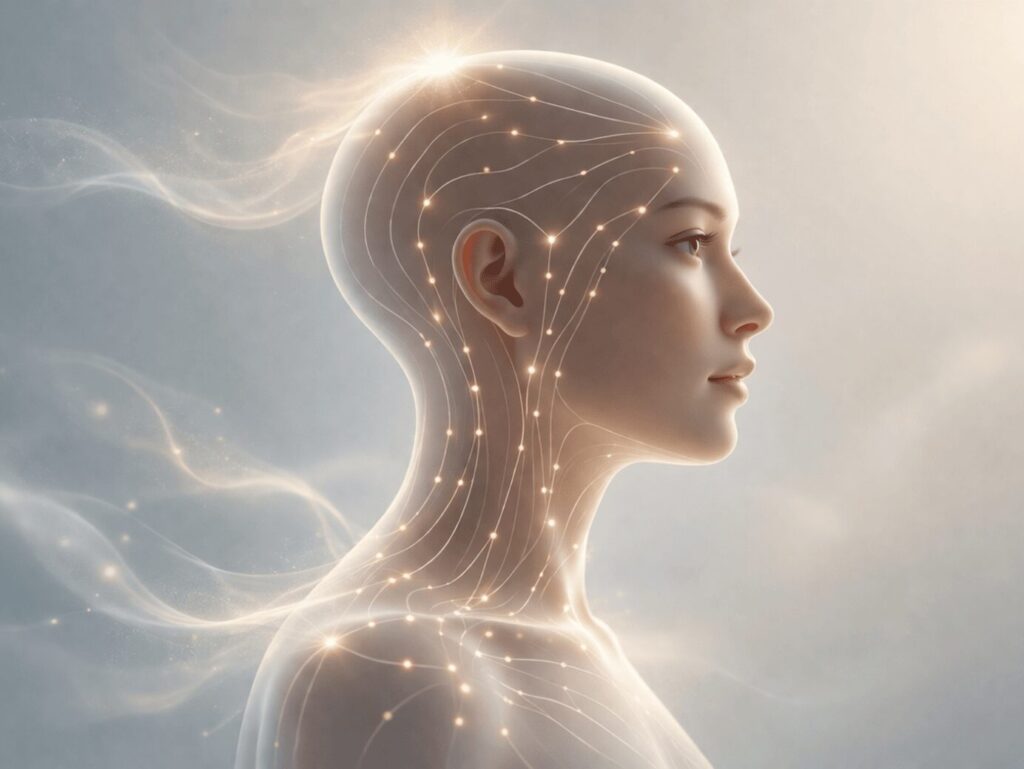 Profil de femme avec lignes lumineuses illustrant les méridiens énergétiques utilisés en EFT