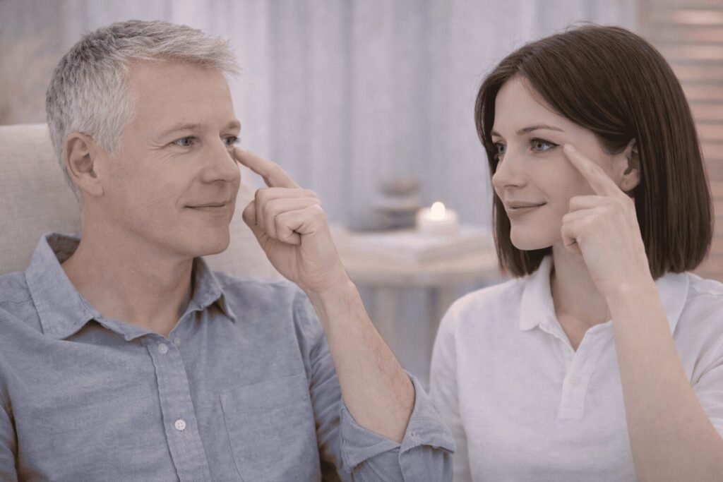 praticien EFT et cliente pratiquant la technique de tapping pour libérer les émotions – formation EFT en ligne