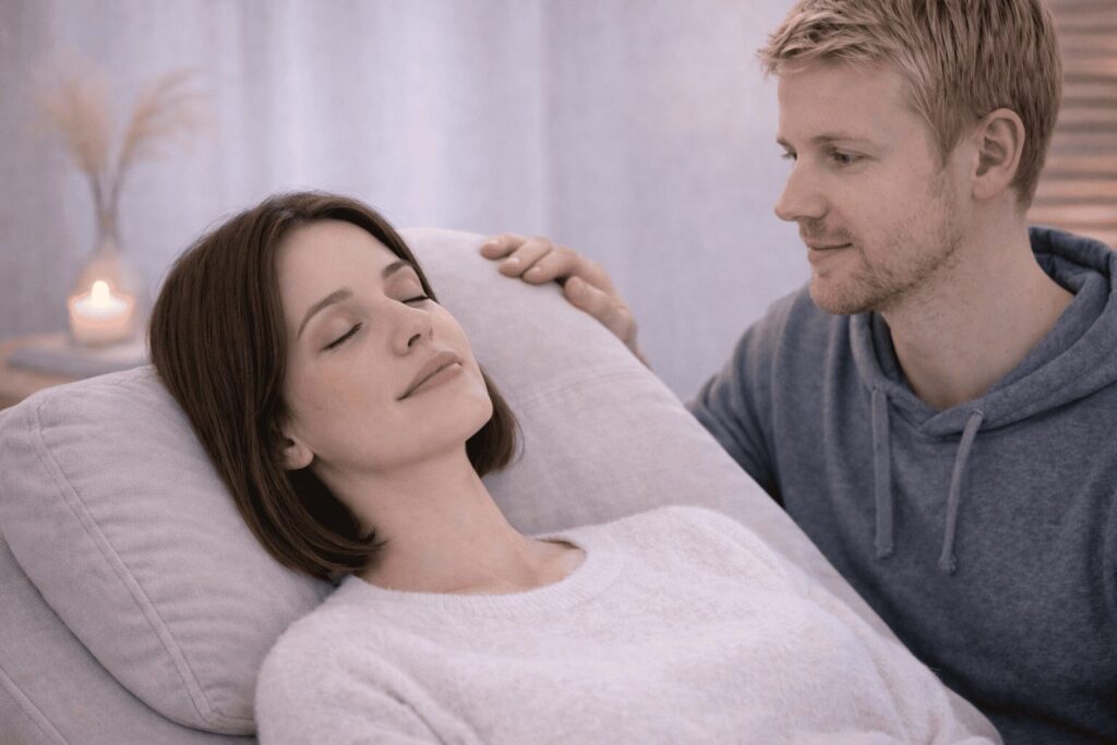 praticien en hypnose ericksonienne accompagnant une cliente en état de relaxation lors d’une séance – formation en hypnose en ligne