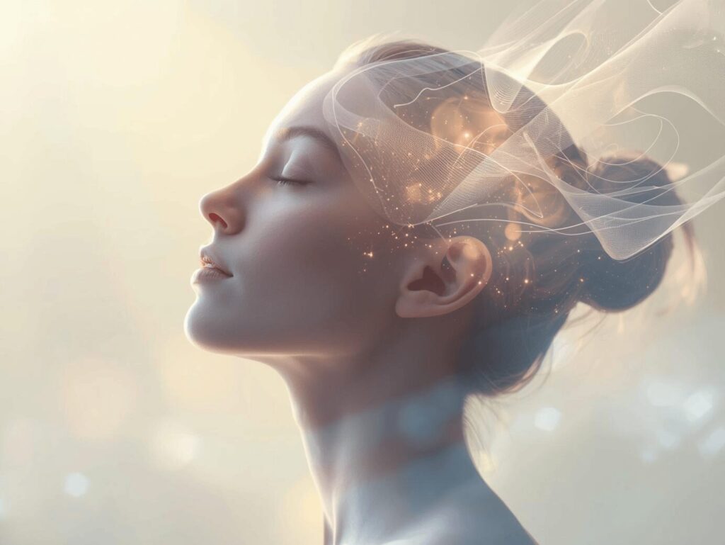 Femme apaisée yeux fermés avec lumière autour de la tête illustrant un état d’hypnose