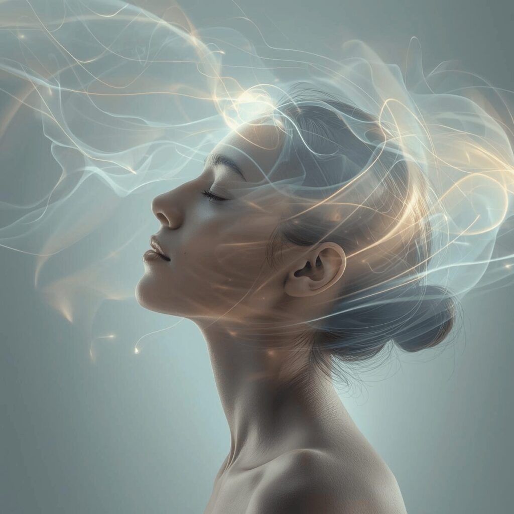 Femme en état de relaxation profonde illustrant l’hypnose et l’état modifié de conscience avec des flux mentaux apaisants