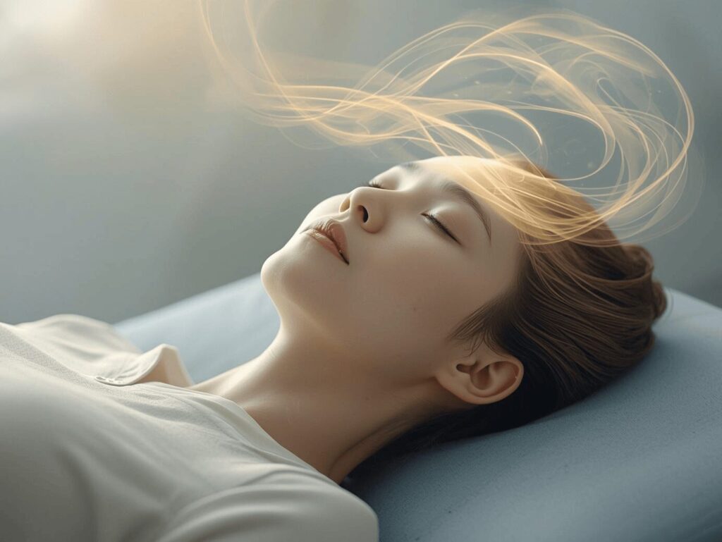 Personne en état d’hypnose illustrant une formation en hypnose ericksonienne en ligne avec ondes cérébrales lumineuses