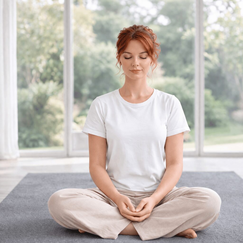 Femme en méditation assise en tailleur dans un espace lumineux et apaisant, illustrant le développement personnel, la relaxation et les pratiques liées à l’hypnose ericksonienne et à l’EFT