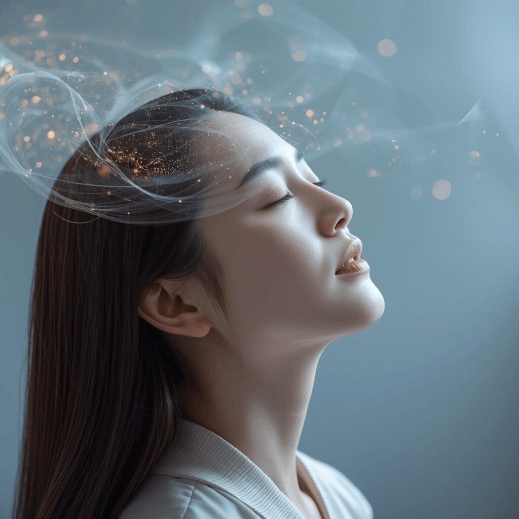 Femme en méditation profonde avec des ondes cérébrales lumineuses symbolisant la pleine conscience et l’éveil intérieur