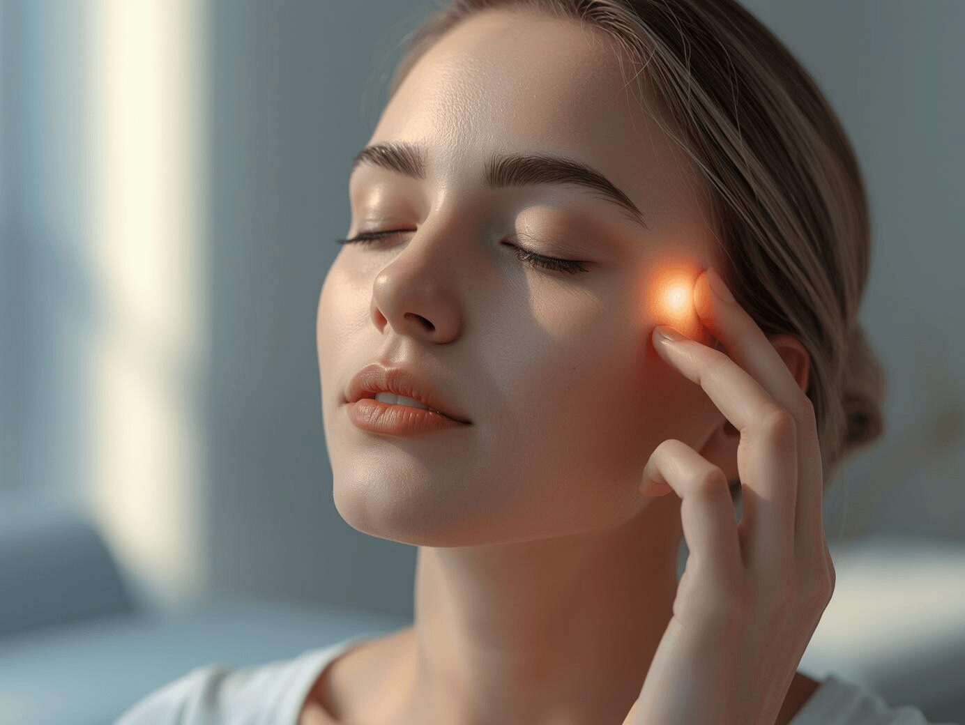 Femme pratiquant l’EFT pour calmer une angoisse rapidement en tapotant sous l’œil, visage apaisé et détendu