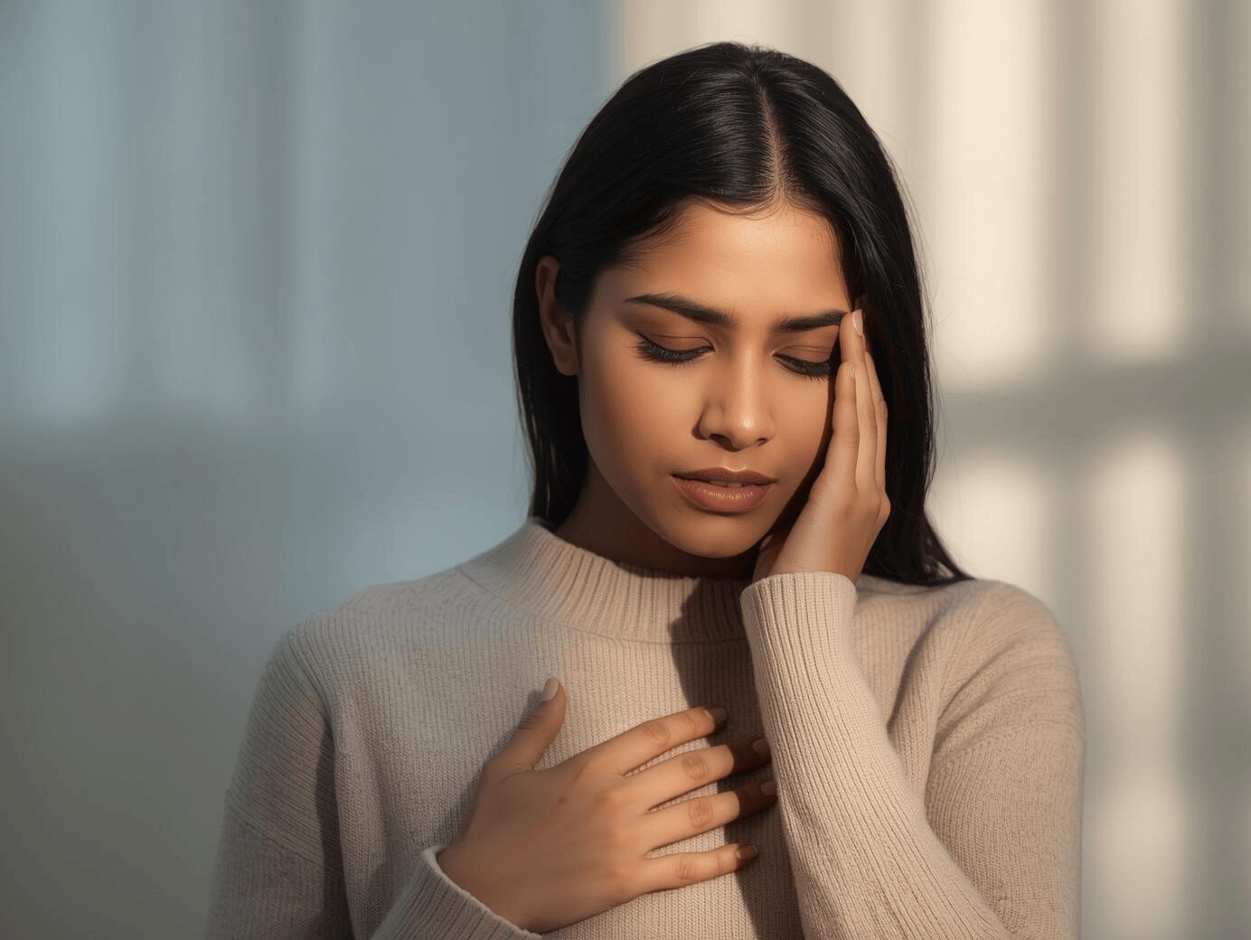 femme introspective main sur le cœur et le visage illustrant les croyances limitantes et la libération émotionnelle