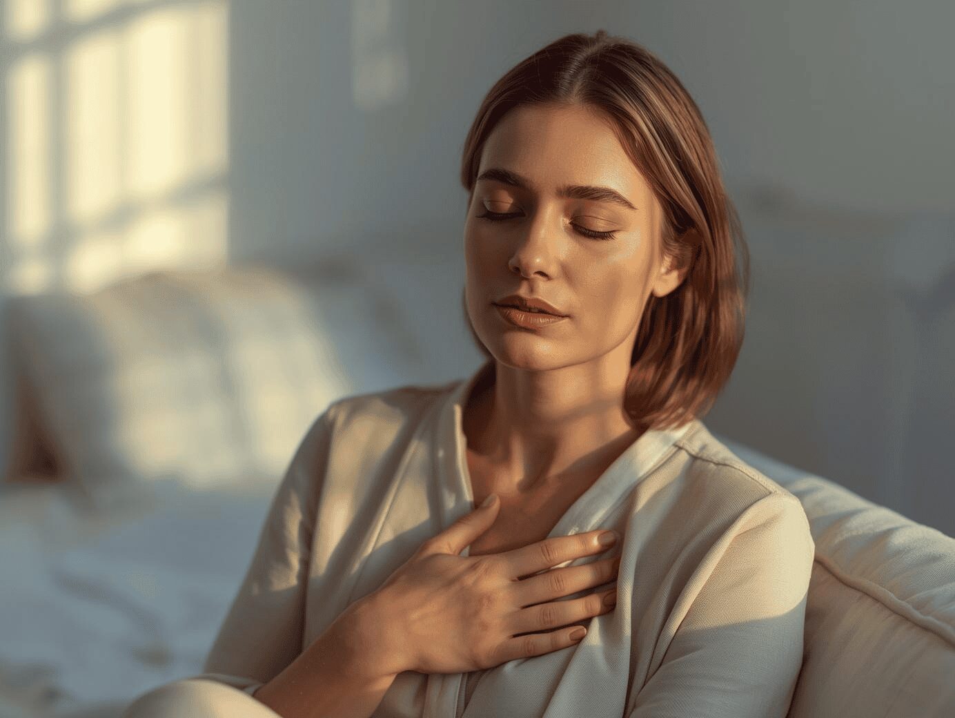 Dépression : femme en introspection main sur le cœur symbolisant les causes profondes et la reconnexion à soi