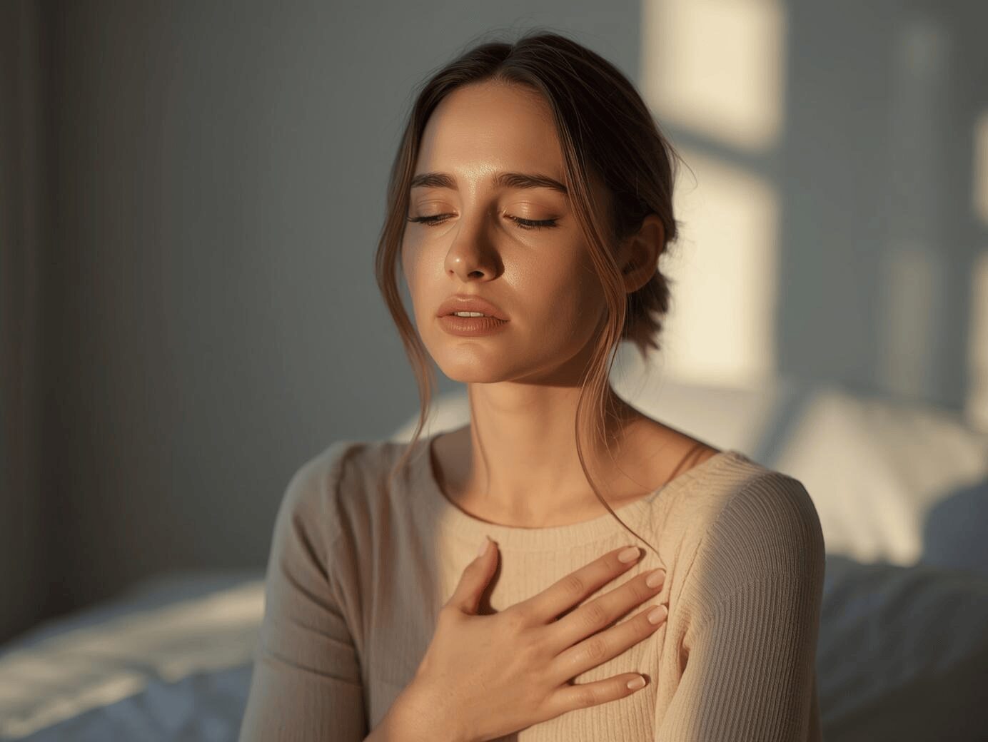 femme les yeux fermés main sur le cœur en introspection pour comprendre d’où viennent les angoisses