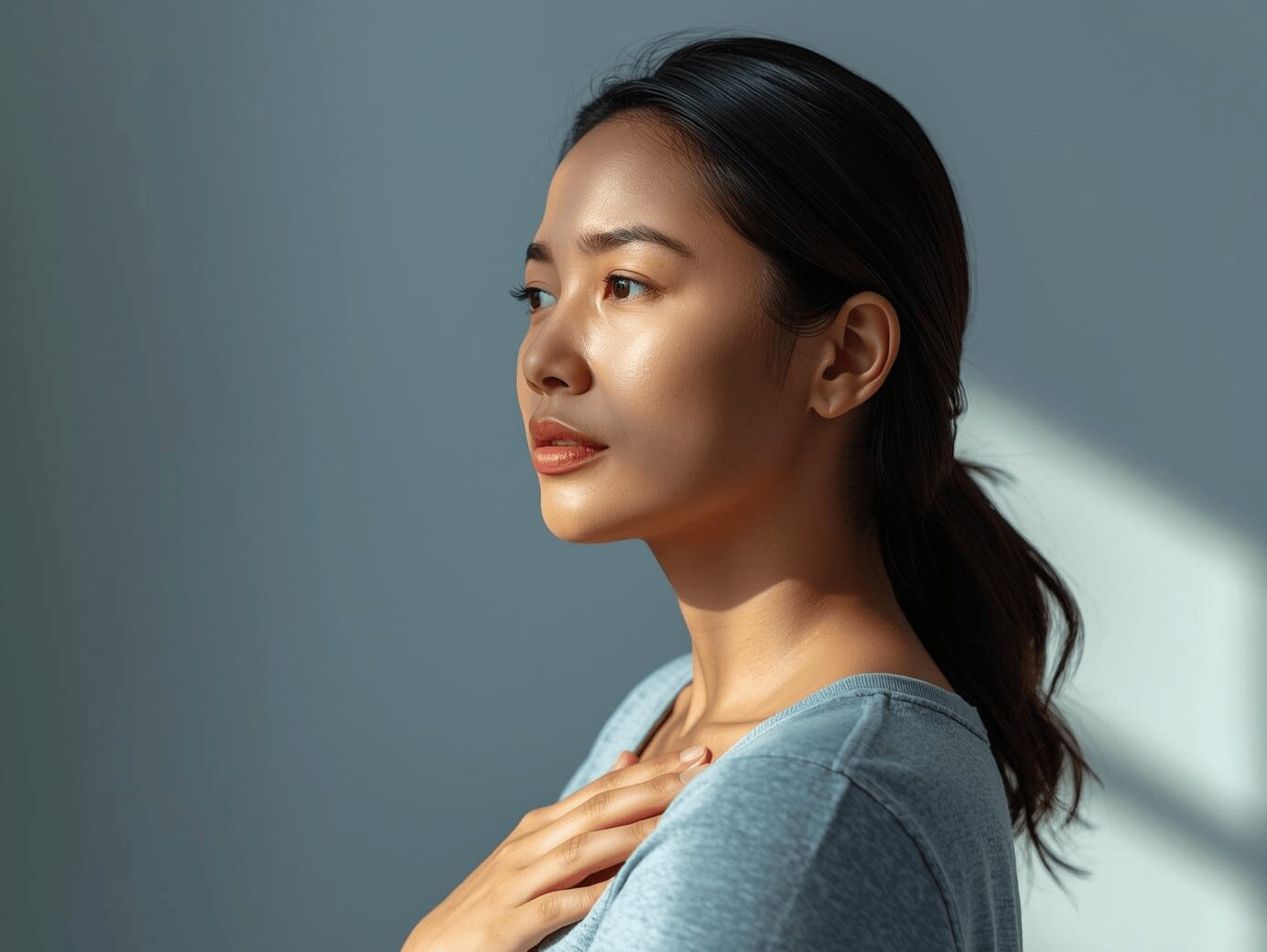 femme en réflexion avec la main sur le cœur illustrant la reconstruction de l’estime de soi et de la confiance intérieure