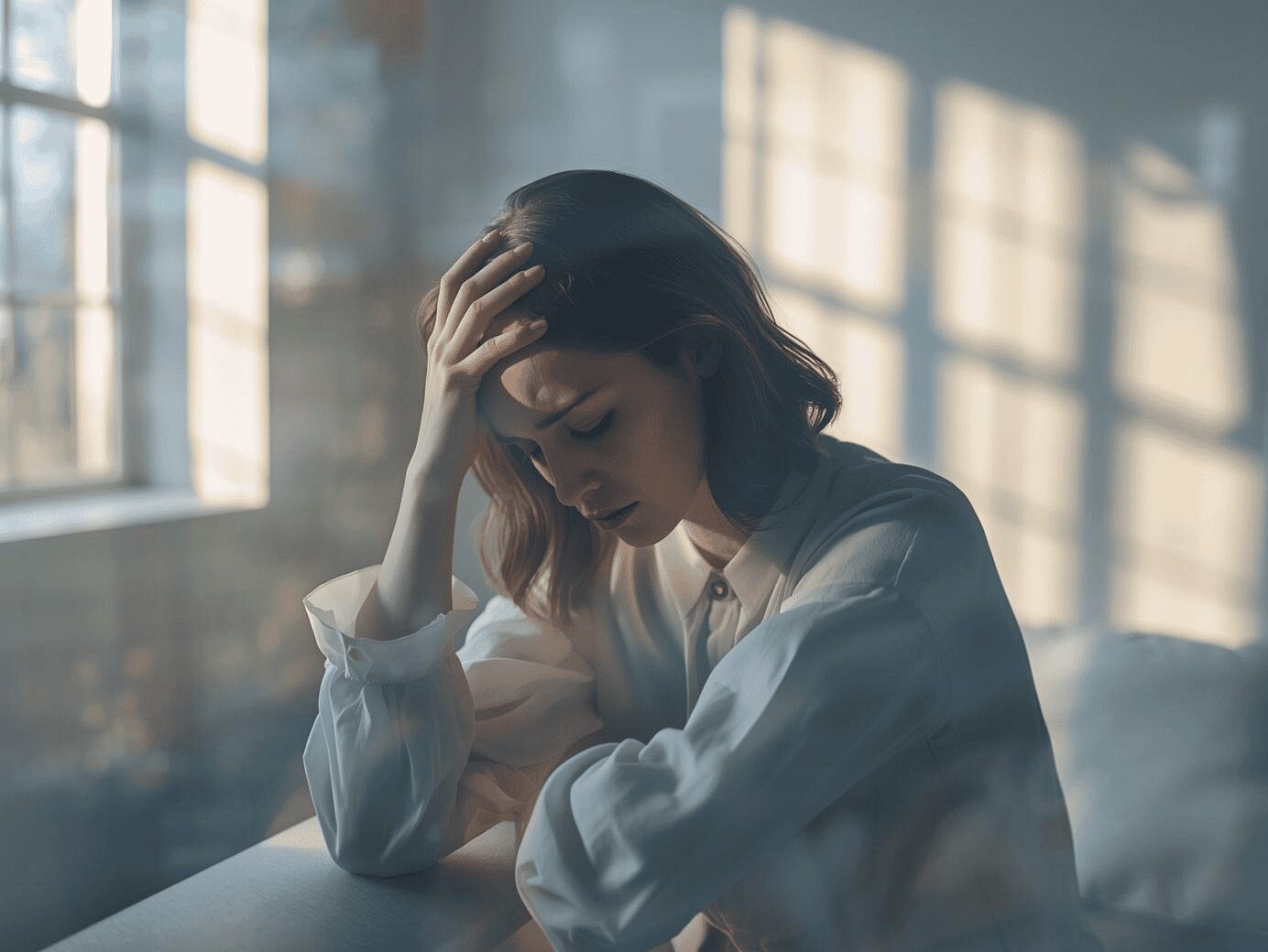 Femme fatiguée tenant sa tête, illustrant la fatigue mentale liée au burn-out ou à la dépression