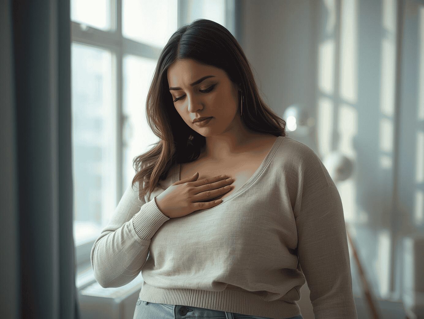 Femme avec quelques kilos en trop touchant sa poitrine dans une ambiance apaisante illustrant le stress émotionnel et la prise de poids