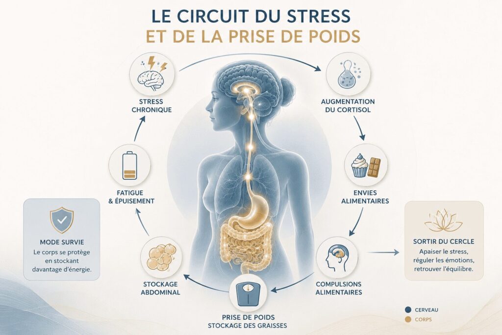 Schéma expliquant le circuit du stress chronique sur la prise de poids avec le cerveau, le cortisol, les compulsions alimentaires et le stockage des graisses abdominales.