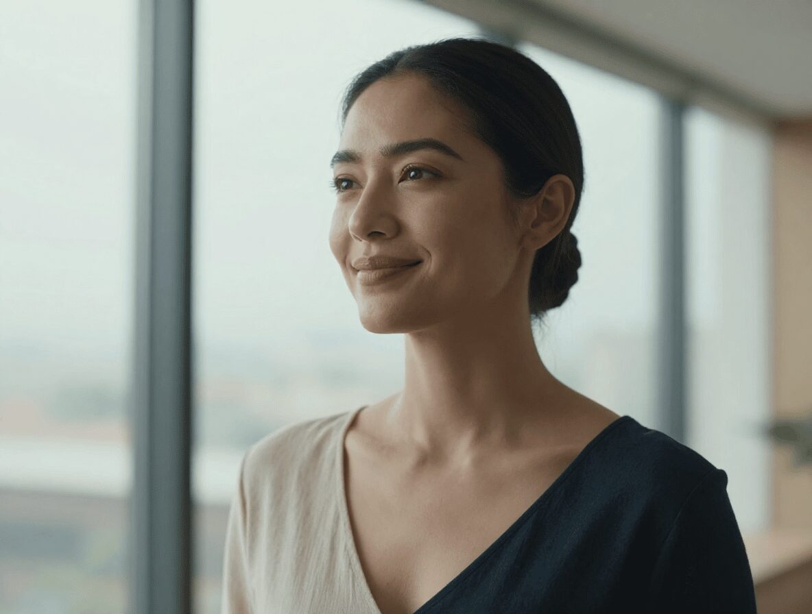 Femme souriante illustrant la confiance en soi et le développement personnel.
