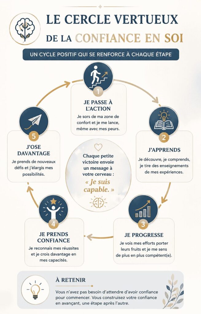 Schéma illustrant le cercle vertueux de la confiance en soi : passer à l'action, apprendre, progresser, prendre confiance et oser davantage pour renforcer durablement la confiance en soi.