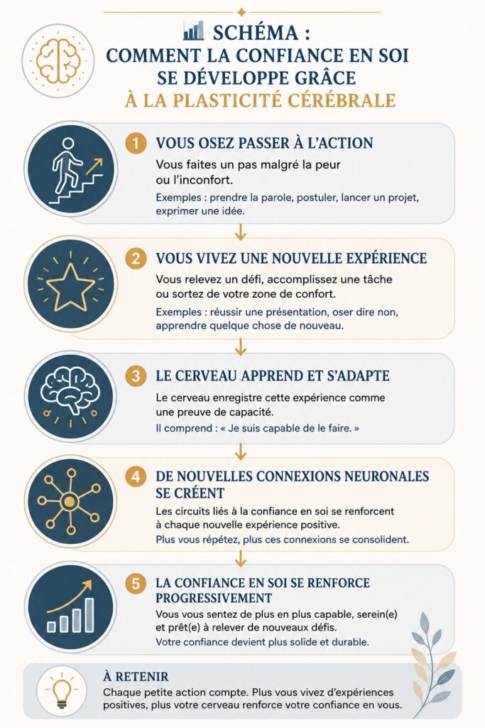 Schéma illustrant comment le cerveau renforce progressivement la confiance en soi grâce à la plasticité cérébrale, aux nouvelles expériences et aux connexions neuronales.